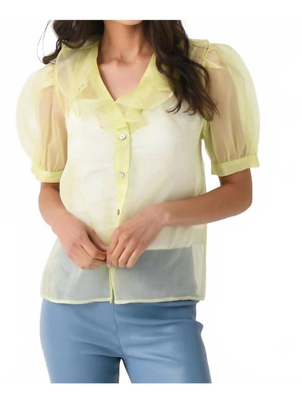 Sheer Ruffle-Collar Blouse in Pale Yellow